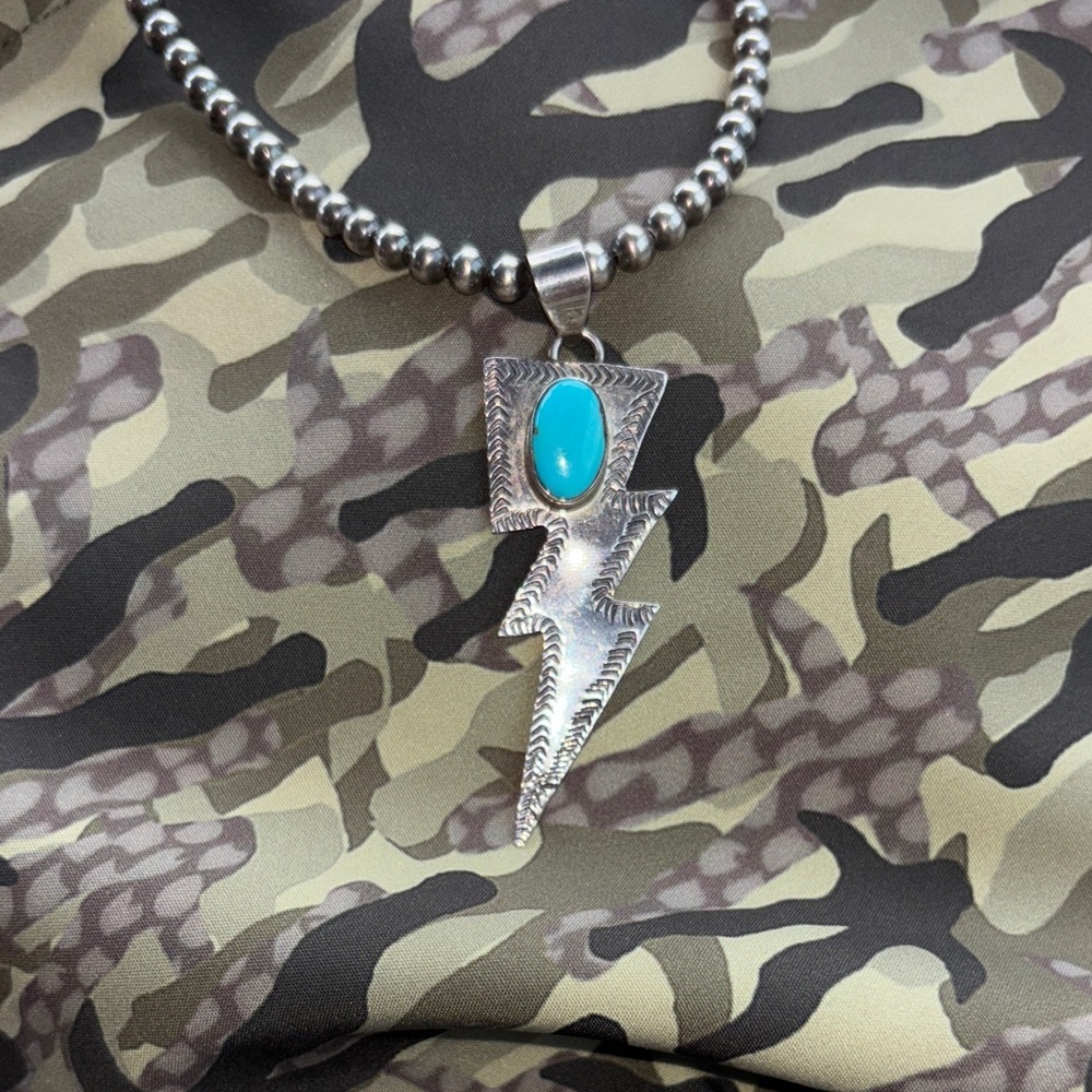 Silver Lightning Bolt Pendant with Turquoise Stone
